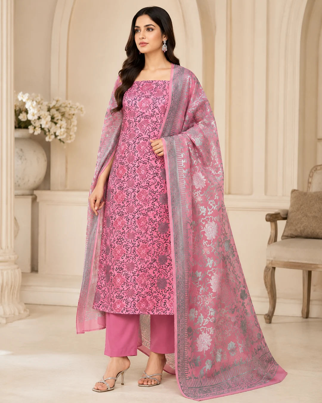 Blush Pink Pure China Pati Silk 3 Piece Unstitched Suit full model