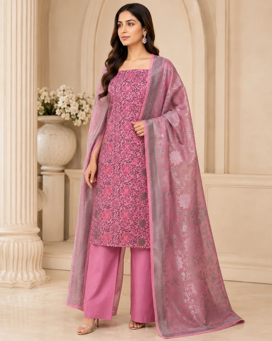 Blush Pink Pure China Pati Silk suit with plain silk trouser