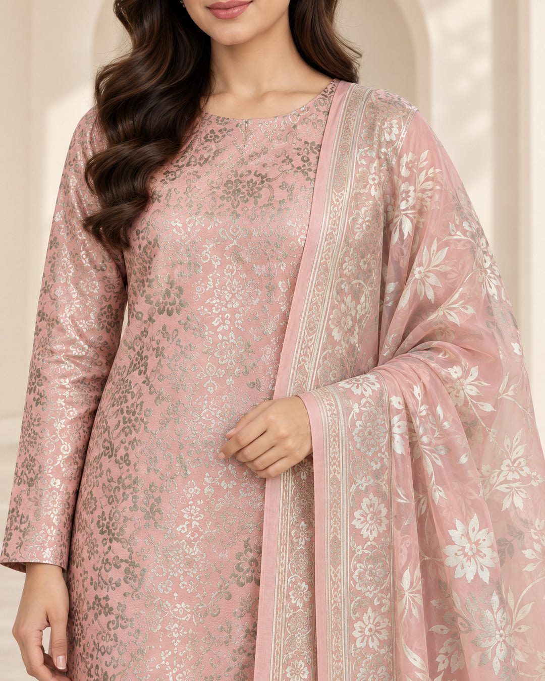 Close-up of blush pink China Patti silk pattern and Barosha dupatta border