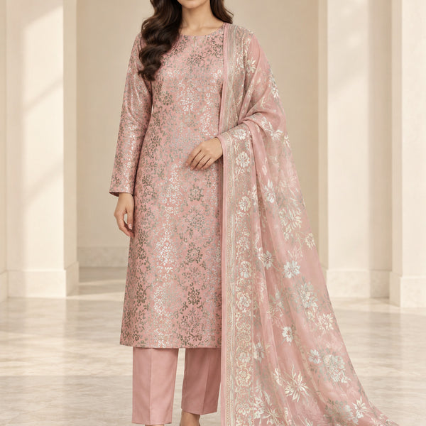 Blush pink China Patti silk 3 piece unstitched suit front view