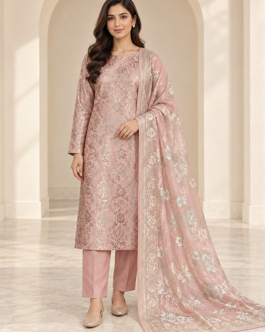 Blush pink China Patti silk 3 piece unstitched suit front view