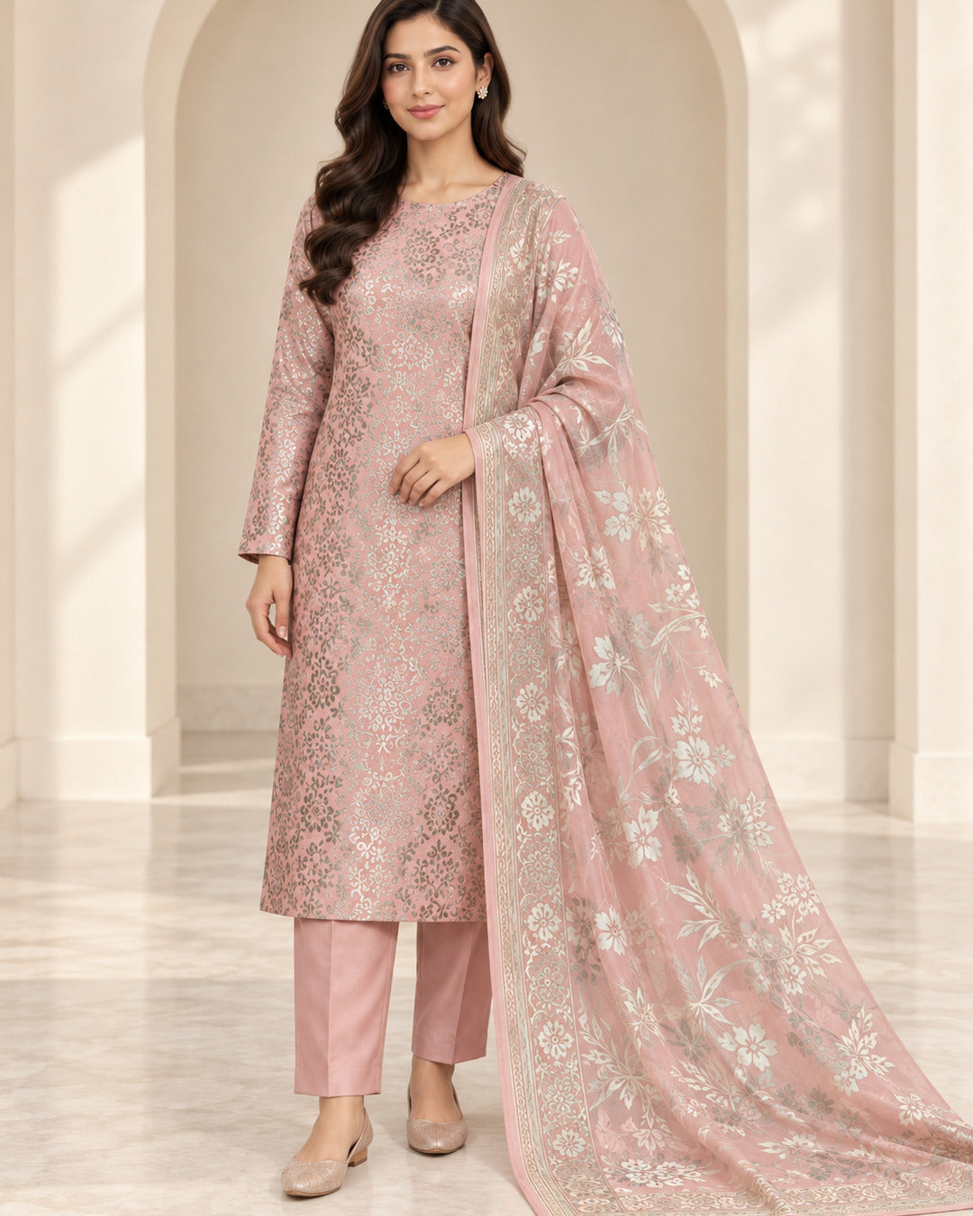 Blush pink China Patti silk suit alternate full-length view