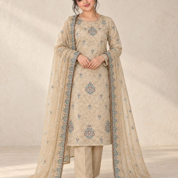 Champagne Beige Ambose Silk 3-Piece Unstitched Suit front view