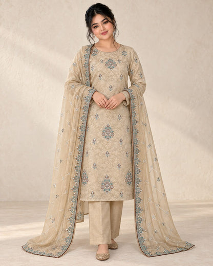Champagne Beige Ambose Silk 3-Piece Unstitched Suit front view