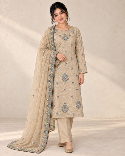 Champagne Beige Ambose Silk suit standing view