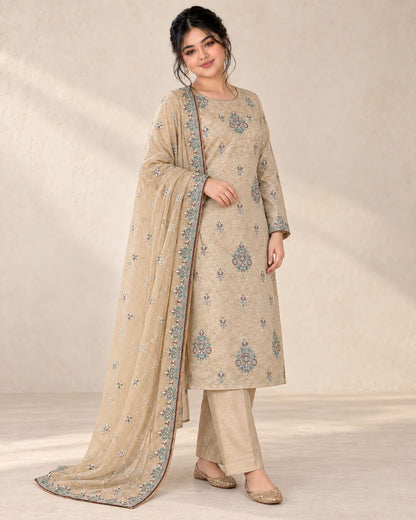 Champagne Beige Ambose Silk suit three-quarter view