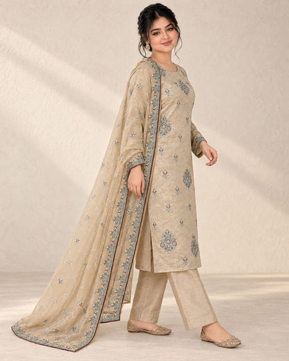 Champagne Beige Ambose Silk suit side walking view
