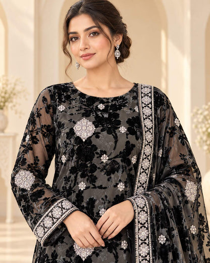 Charcoal Black Silver Palachi fabric embroidery close-up