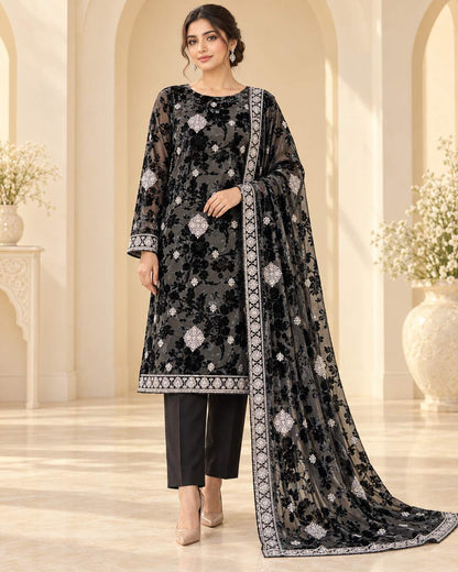 Charcoal Black Silver Embroidered Palachi suit front view