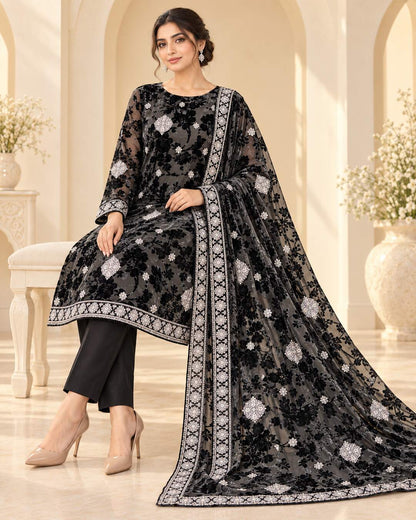 Charcoal Black Silver Embroidered Palachi seated dupatta display