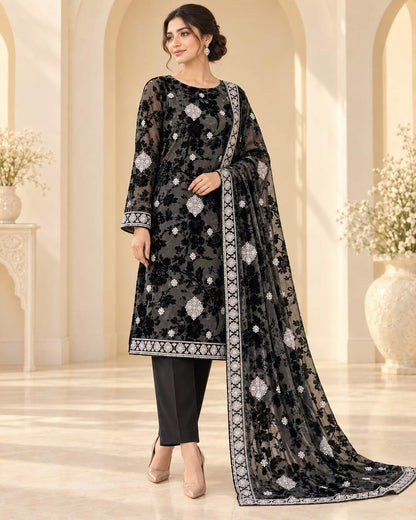 Charcoal Black Silver Embroidered Palachi suit three-quarter view