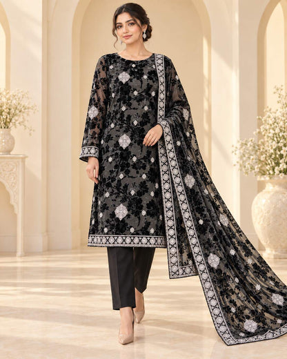 Charcoal Black Silver Embroidered Palachi suit walking pose