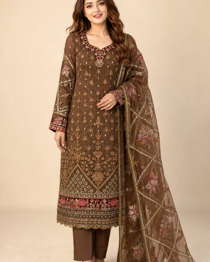 Chocolate Brown Embroidered Chiffon Suit - Front Hero