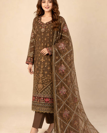 Chocolate Brown Embroidered Chiffon Suit - Three Quarter