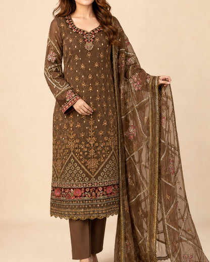 Chocolate Brown Embroidered Chiffon Suit - Standing View