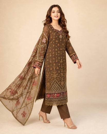 Chocolate Brown Embroidered Chiffon Suit - Walking View