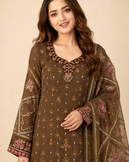 Chocolate Brown Embroidered Chiffon Suit - Neckline and Sleeve Detail