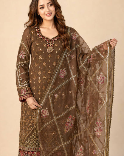 Chocolate Brown Embroidered Chiffon Suit - Dupatta Detail