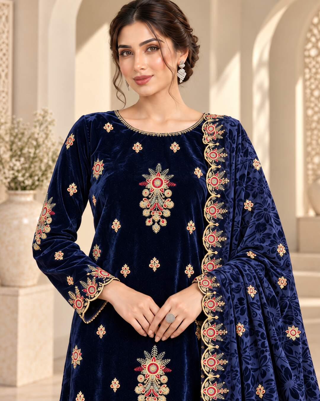 Deep Navy Velvet Suit – Embroidery Close-Up