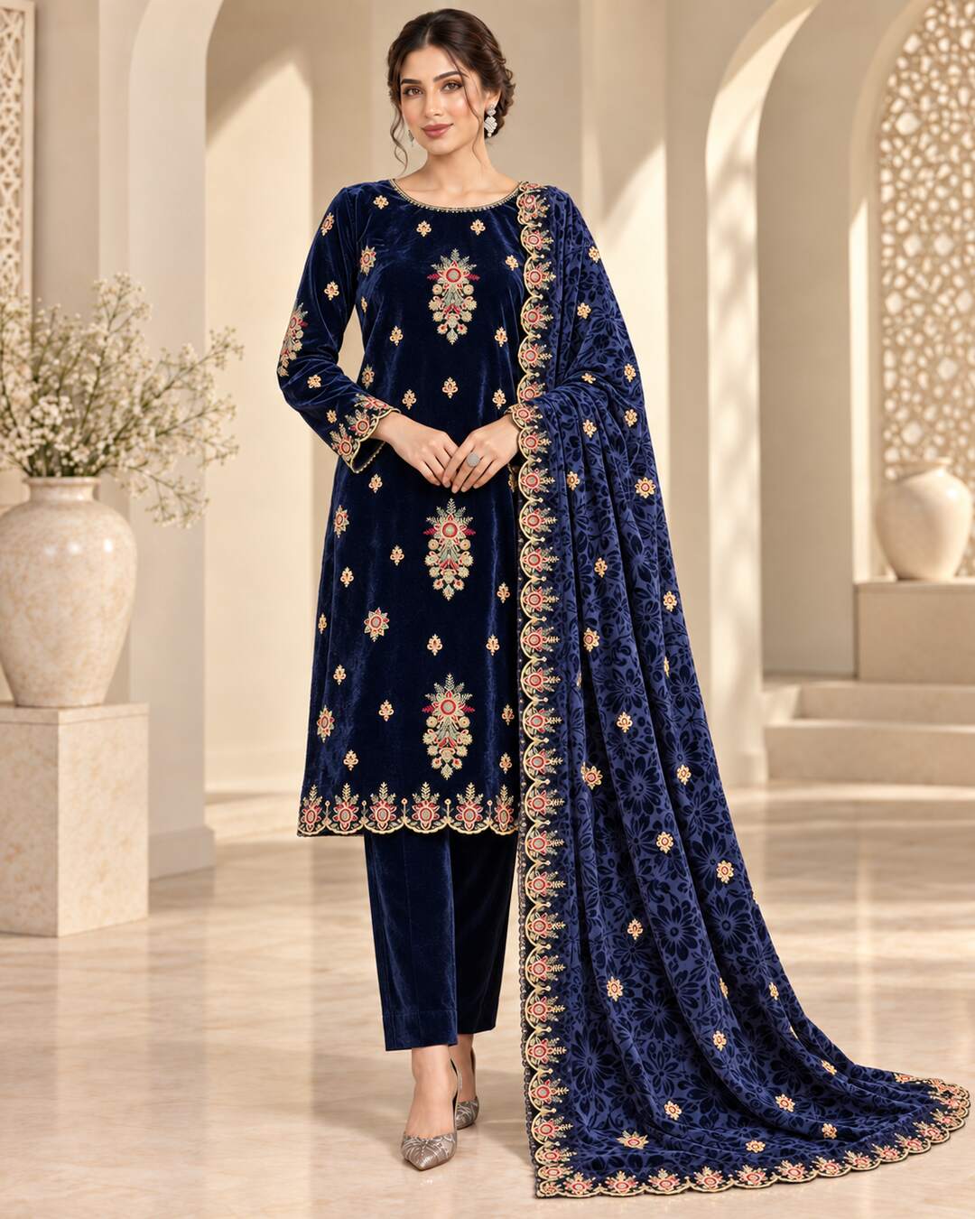 Deep Navy Embroidered Velvet Suit – Front View