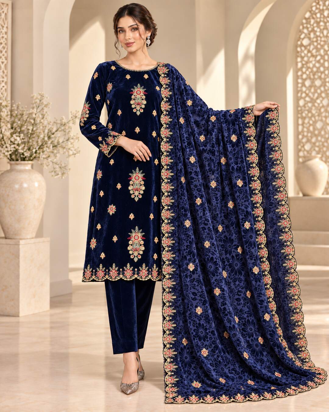 Deep Navy Embroidered Velvet Suit – Dupatta View