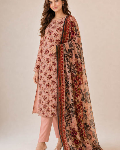 Dusty peach printed chiffon suit three quarter view