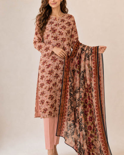 Dusty peach printed chiffon suit standing view
