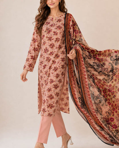 Dusty peach printed chiffon suit walking view