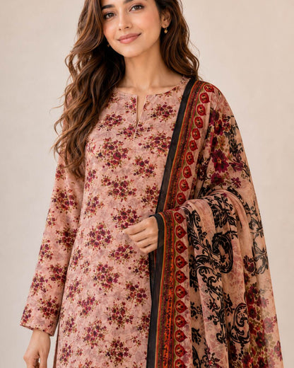 Dusty peach printed chiffon suit upper body detail