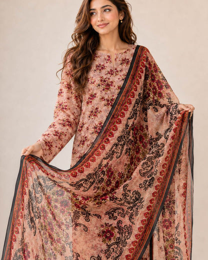 Dusty peach printed chiffon dupatta border detail