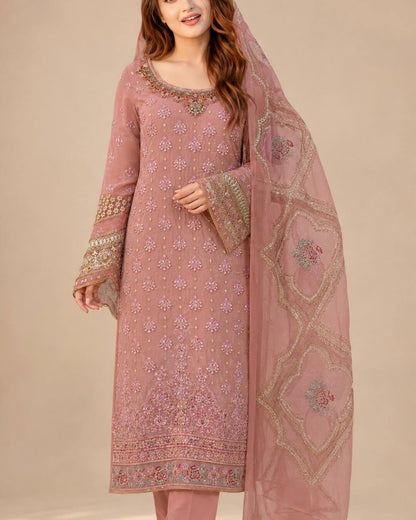 Dusty Rose Embroidered Chiffon Suit - Front Hero