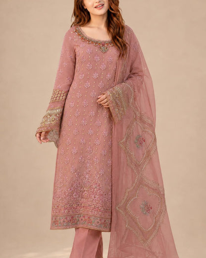 Dusty Rose Embroidered Chiffon Suit - Three Quarter