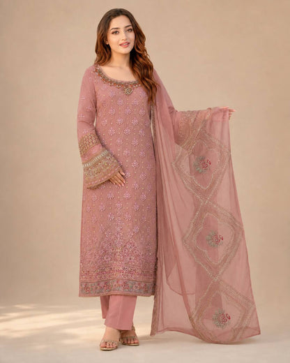 Dusty Rose Embroidered Chiffon Suit - Standing View