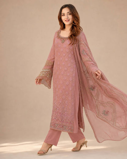 Dusty Rose Embroidered Chiffon Suit - Walking View