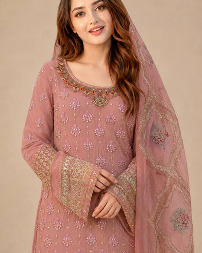 Dusty Rose Embroidered Chiffon Suit - Neckline and Sleeve Detail