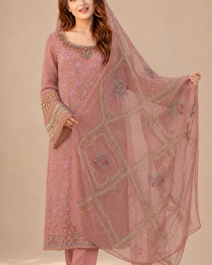 Dusty Rose Embroidered Chiffon Suit - Dupatta Detail