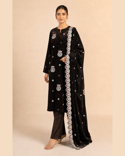 3 Piece Unstitched Embroidered Palachi Suit - three quarter