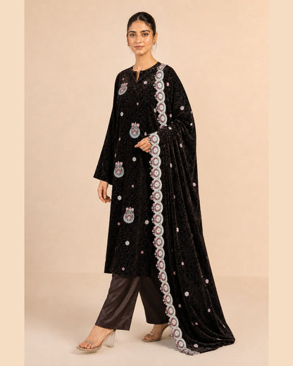 3 Piece Unstitched Embroidered Palachi Suit - walking