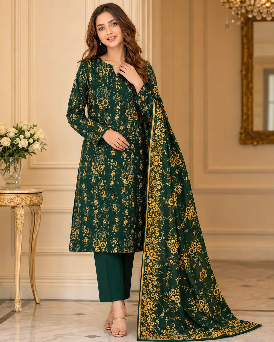 Emerald Green Gold Pure China Pati Silk 3 Piece Unstitched Suit full model
