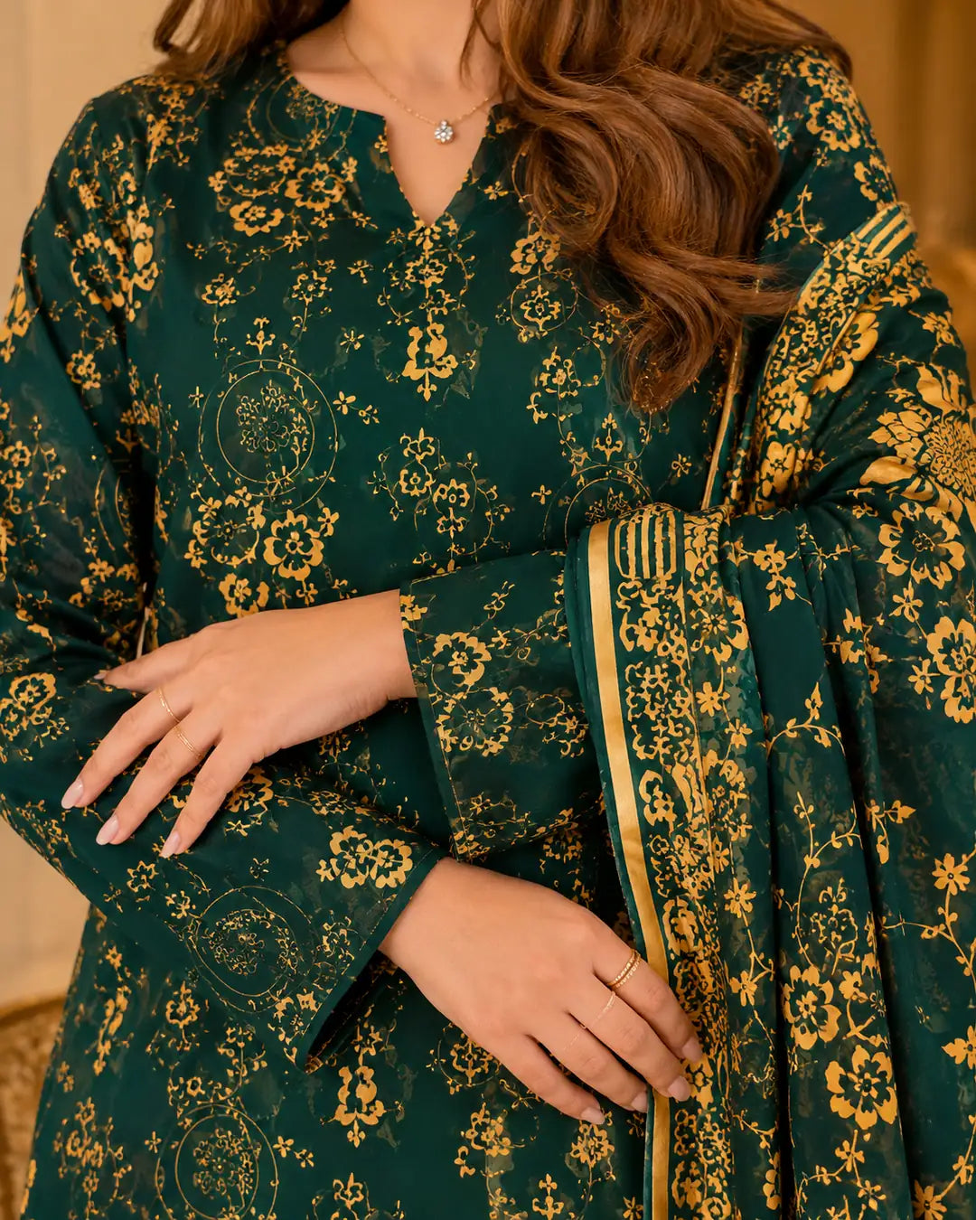Emerald Green Gold Pure China Pati Silk 3 Piece Unstitched Suit standing model