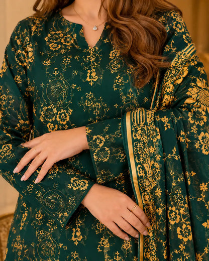 Emerald Green Gold Pure China Pati Silk 3 Piece Unstitched Suit standing model