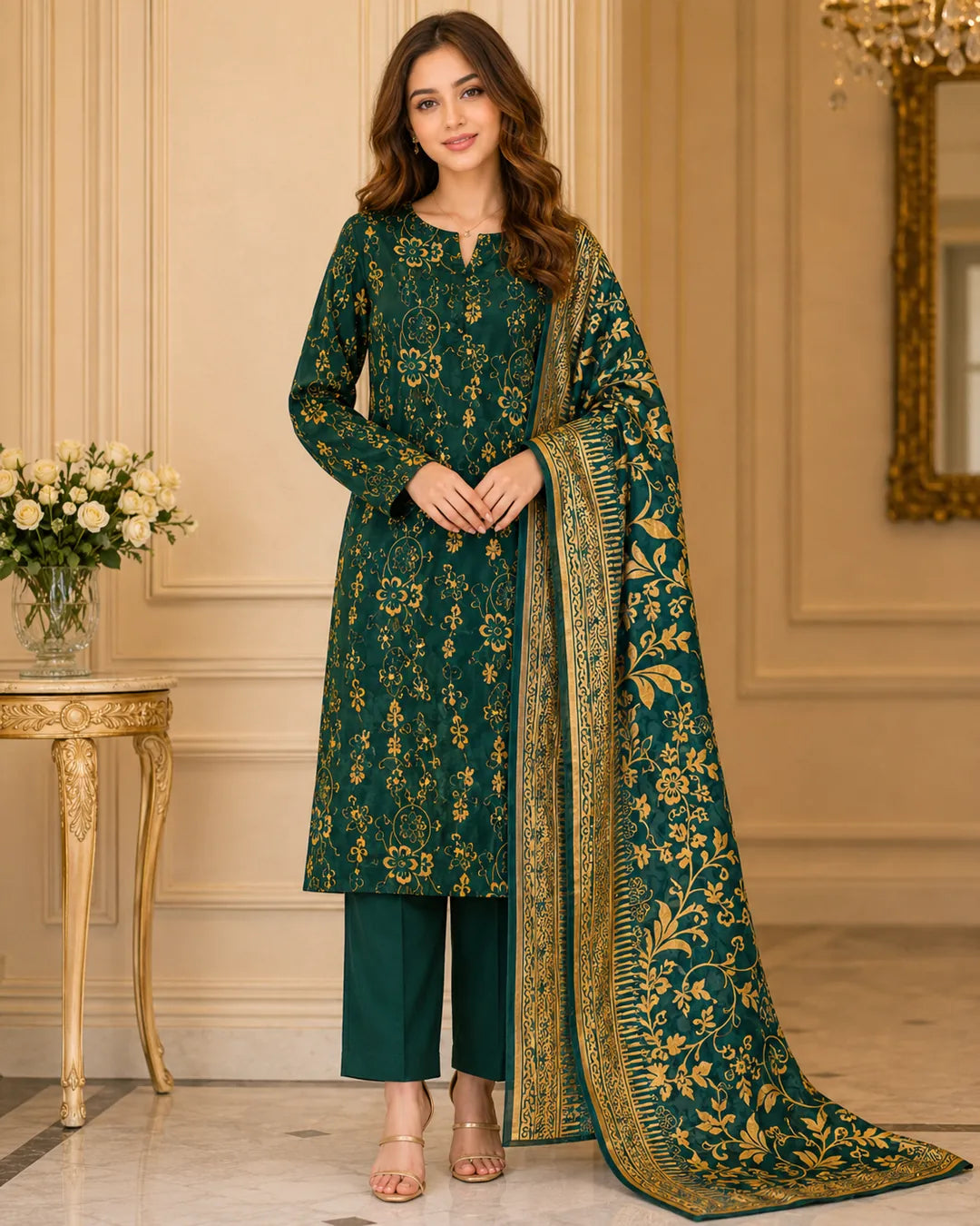 Emerald Green Gold Pure China Pati Silk 3 Piece Unstitched Suit side pose