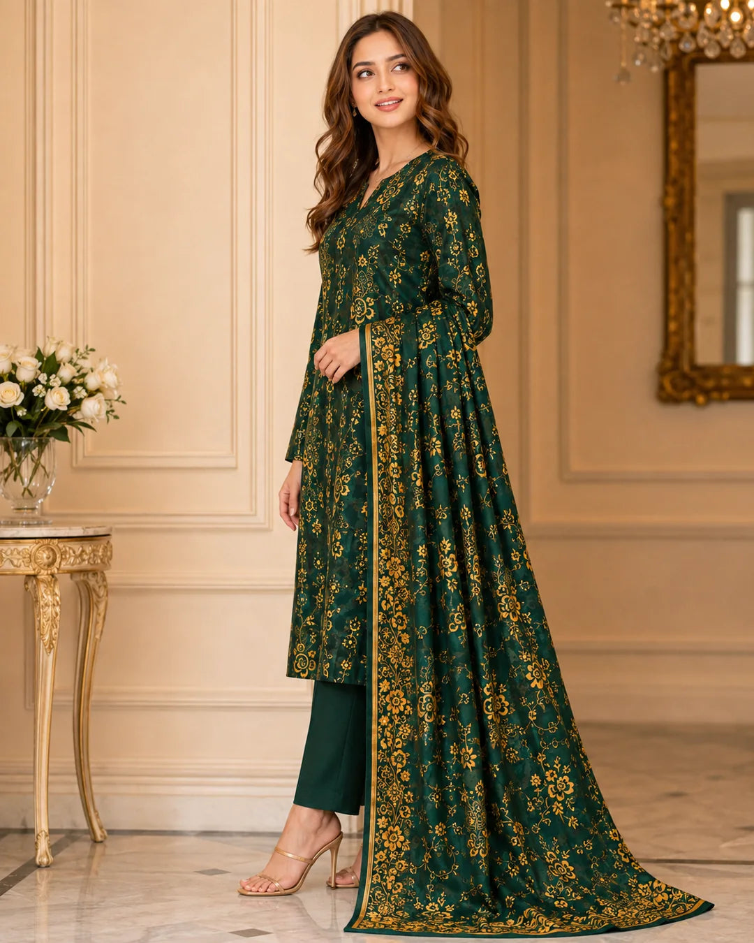 Emerald Green Gold Pure China Pati Silk 3 Piece Unstitched Suit dupatta pose