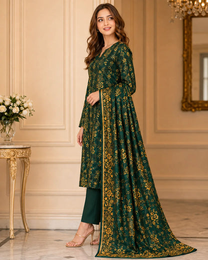 Emerald Green Gold Pure China Pati Silk 3 Piece Unstitched Suit dupatta pose