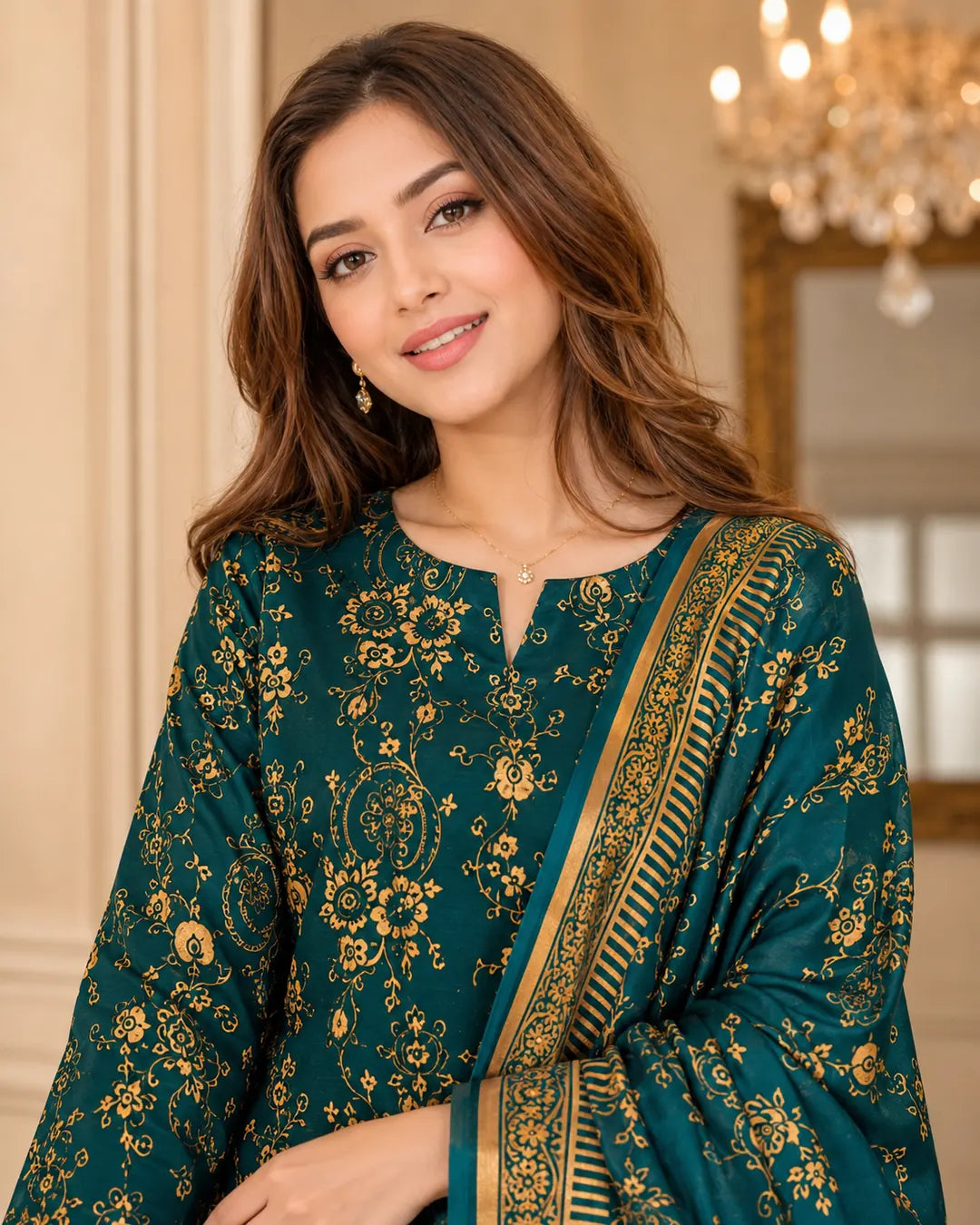Emerald Green Gold Pure China Pati Silk 3 Piece Unstitched Suit close-up model