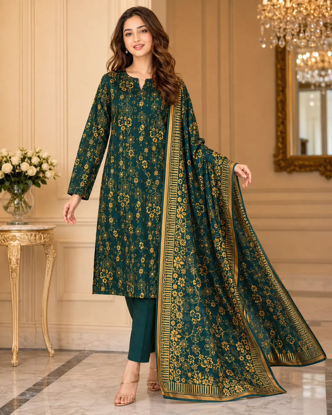 Emerald Green Gold Pure China Pati Silk 3 Piece Unstitched Suit sleeve close-up