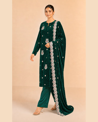 Emerald Green Embroidered Palachi Suit - walking