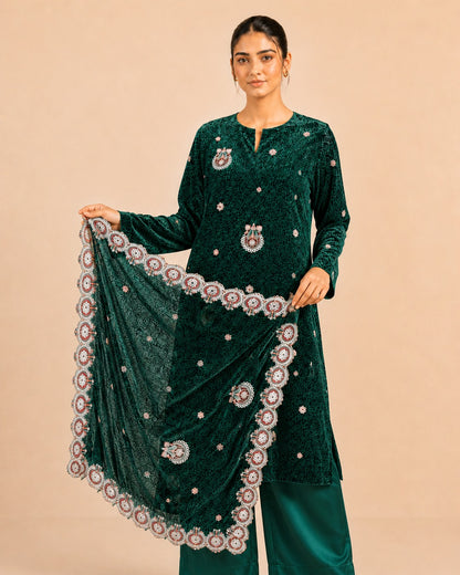 Emerald Green Embroidered Palachi Suit - dupatta detail