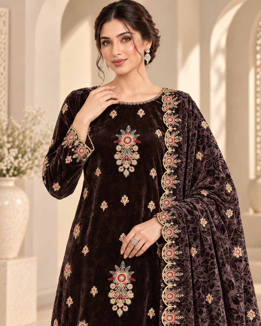 Espresso Chocolate Velvet Suit – Embroidery Close-Up