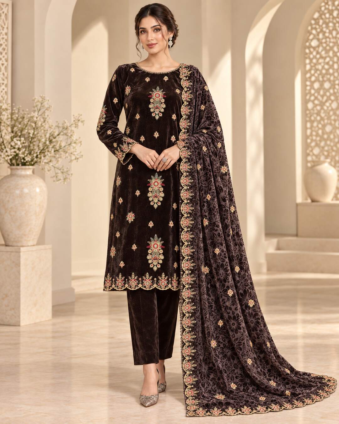 Espresso Chocolate Embroidered Velvet Suit – Front View